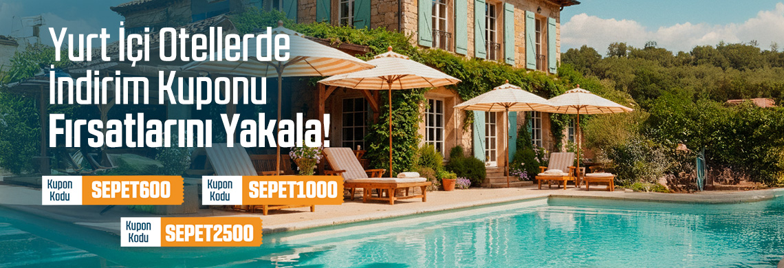 Seçili  Yurt İçi Otellerde 10.000 TL -19.999 TL Arası 600 TL Kupon, 20.000 TL- 49.999 TL Arası 1000 TL, 55.000 TL Ve Üzeri Rezervasyonlarda İse 2500 TL İndirim Kuponu Verilecektir. 