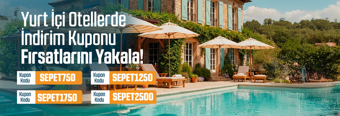 Seçili Yurt İçi Otellerde 10.000 TL -19.999 TL Arası 750 TL, 20.000 TL- 34.999 TL Arası 1250 TL, 35.000-49.999 TL Arası 1750 TL, 50.000 TL Ve Üzeri Rezervasyonlarda İse 2500 TL İndirim Kuponu Verilecektir.
